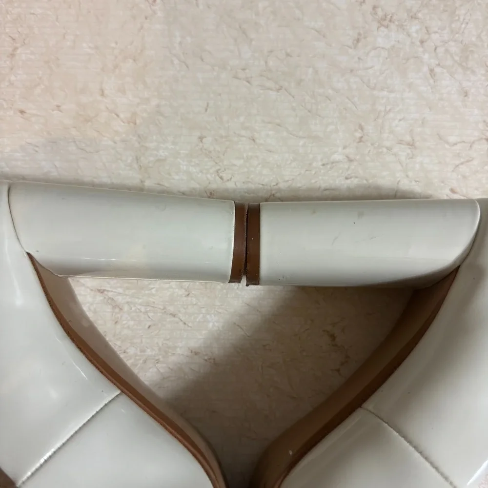 ZARA Trafaluc Block Heel Pumps Patent‎ Ivory White Size 38 US 7.5–8 S
